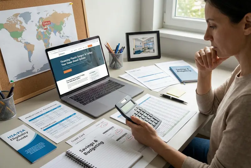 Woman reviewing financing options at home in the US with laptop, calculator, budgeting notebook, loan documents, and travel map for plastic surgery planning.