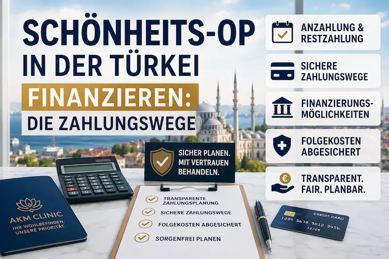 Infografik zur Schönheits-OP finanzierung mit Anzahlung, Zahlungswegen und Folgekostenversicherung für eine OP in Istanbul.