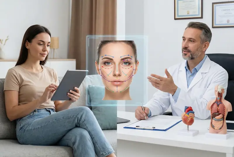 Plastic surgeon explains a remote treatment plan while a patient reviews details on a tablet during an online plastic surgery consultation.