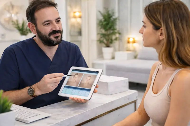 Doctor consultation in a modern clinic in Turkey, showing a surgeon explaining before-and-after results on a tablet to a patient.