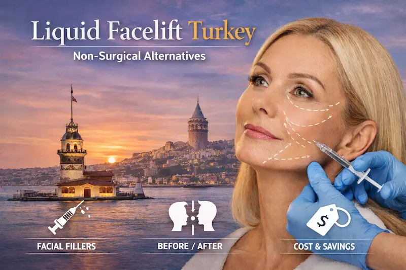 Liquid facelift in Turkey guide header showing dermal filler and Botox treatment zones on the temples, cheeks, jawline and under-eyes