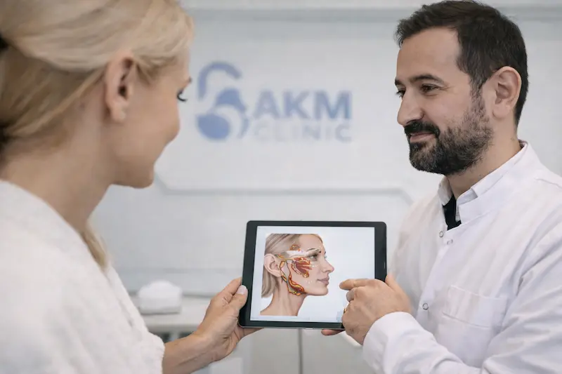 AKM Clinic consultation comparing liquid facelift vs surgical facelift, with Dr. Akif explaining facial anatomy and treatment planning on a tablet.