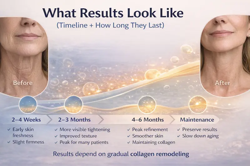 Morpheus8 what results look like: timeline infographic showing 2–4 weeks, 2–3 months, 4–6 months, and maintenance with gradual collagen remodeling and before-and-after neck skin improvement.