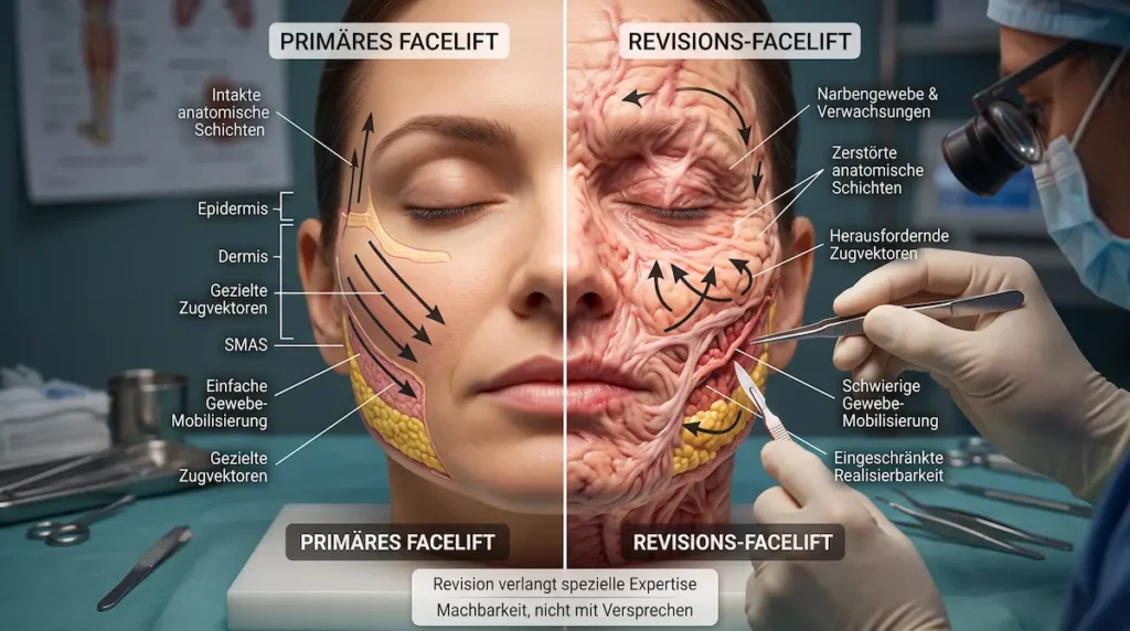 Ein Revisions Facelift Spezialist beurteilt Narbengewebe, veränderte Gewebeschichten und Zugvektoren nach einer Voroperation.