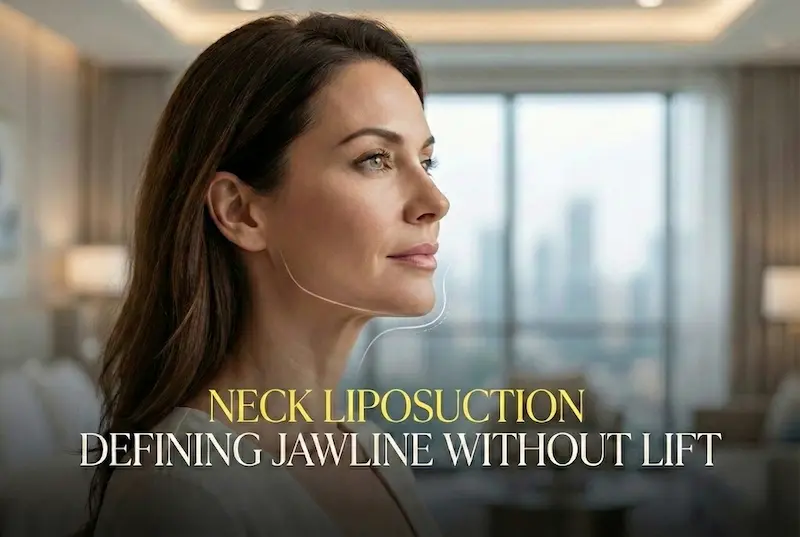Neck liposuction cover image showing a woman’s profile and defined jawline without a lift (AKM Clinic).