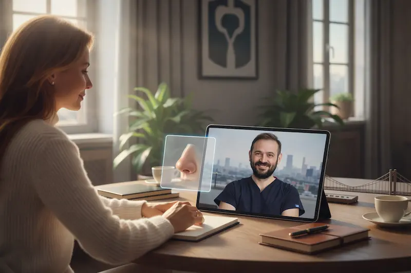 Patient joining an online plastic surgery consultation by video while the surgeon reviews standardized photos on screen.