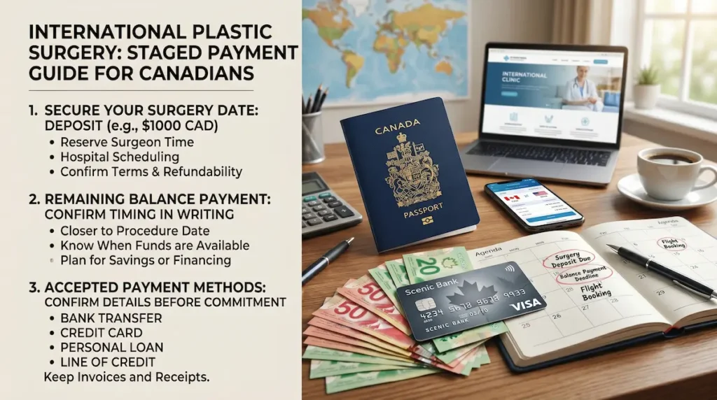 Infographic for financing plastic surgery Turkey showing staged payments, Canadian passport, CAD cash, credit card, and surgery deposit calendar.
