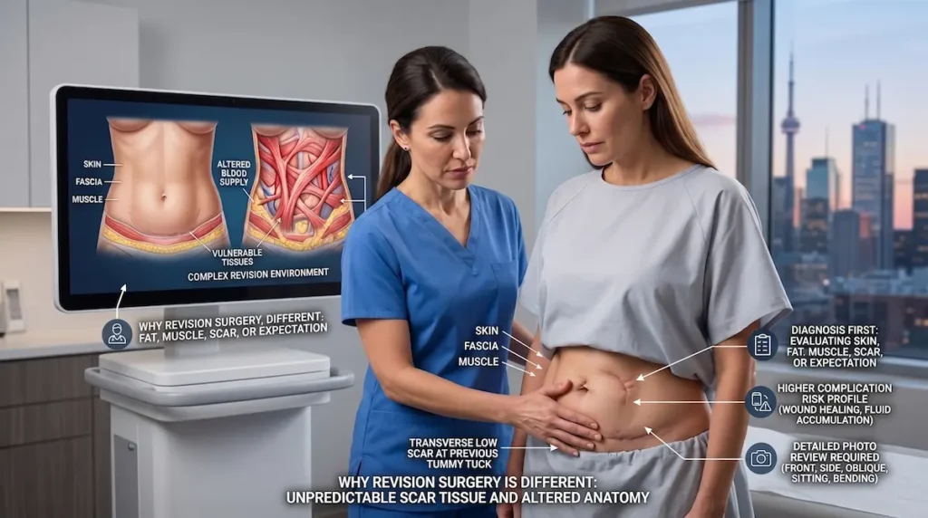 Doctor explains scar tissue and altered anatomy for tummy tuck revision Turkey assessment in a Canadian clinic setting.