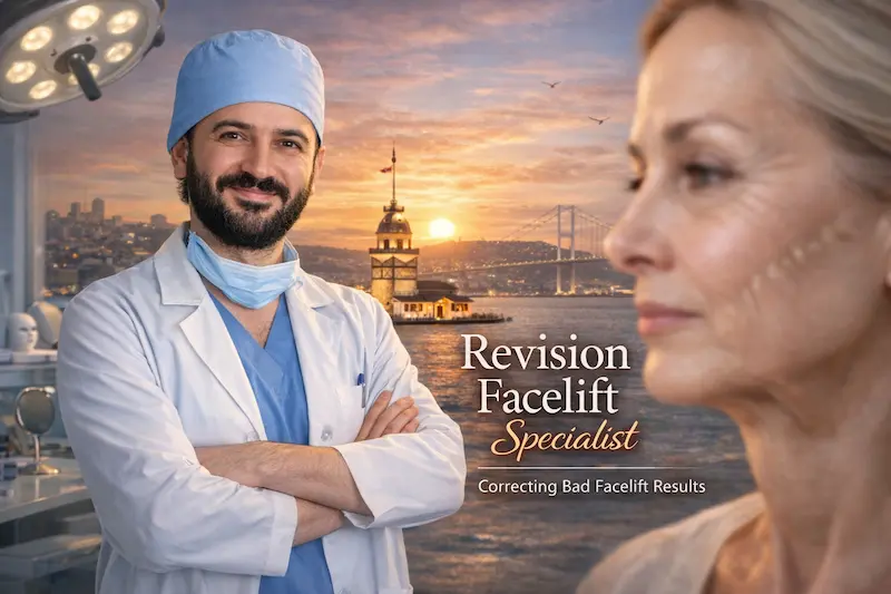 Dr. Akif in scrubs and lab coat in Istanbul with Maiden’s Tower and Bosphorus Bridge, revision facelift specialist correcting bad facelift results.