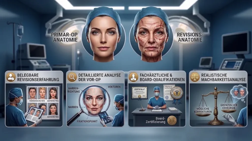 Revisions Facelift Spezialist bei der Prüfung von Revisionserfahrung, Vor-OP-Analyse, Qualifikationen und realistischer Machbarkeit.