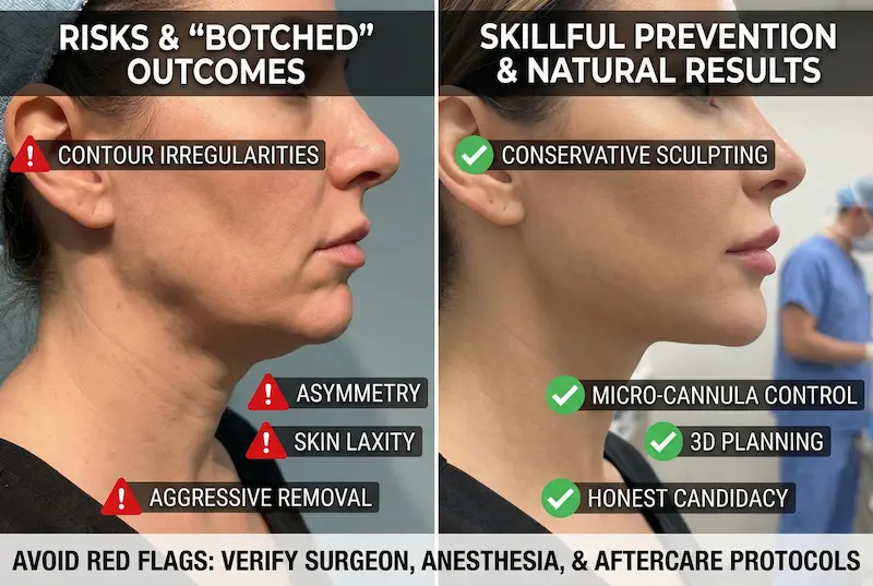 Split image showing neck liposuction risk red flags (irregularities, asymmetry, skin laxity) vs prevention for natural jawline results (conservative sculpting, micro-cannula control, 3D planning).
