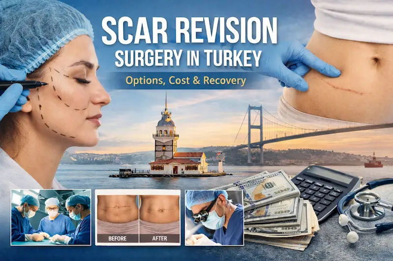 Cover image showing facelift incision markings, an abdominal scar timeline, Maiden's Tower in Istanbul skyline, and cost comparison visuals for scar correction work.