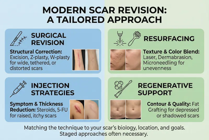 Modern scar revision techniques infographic showing surgical revision, resurfacing, injection strategies, and regenerative support tailored to scar type and goals.