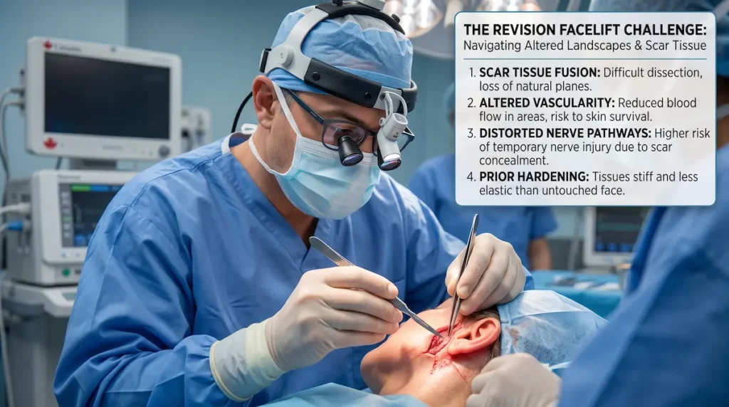 Revision facelift specialist performing surgery while managing scar tissue and altered facial anatomy risks.