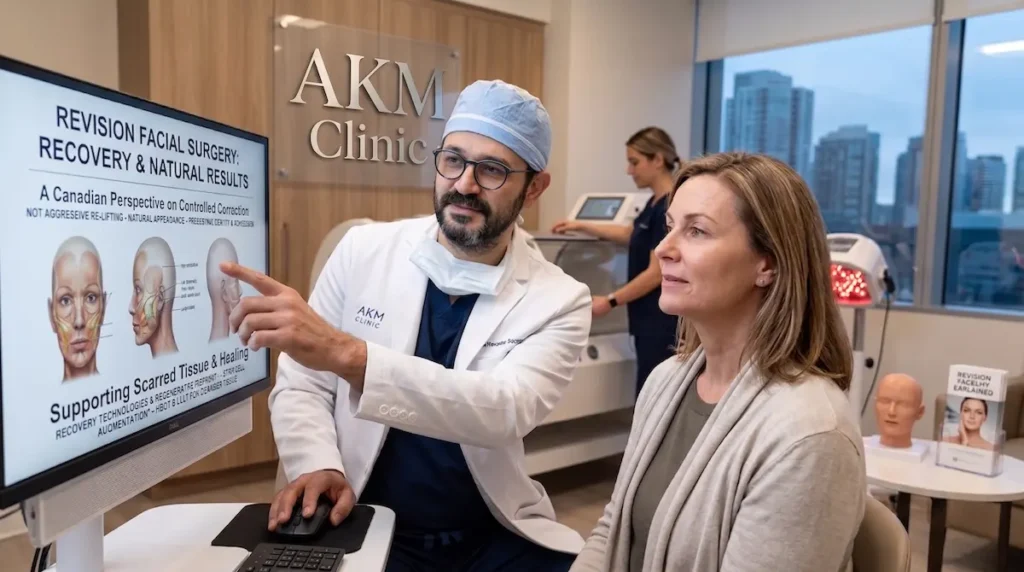 Revision facelift specialist explaining AKM’s recovery approach and scar tissue planning to a Canadian patient.