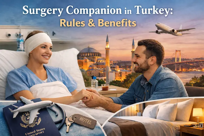 A patient recovering in a hospital bed in Istanbul holds hands with a companion; US passport, airplane, and hotel elements illustrate surgery travel planning in Turkey.