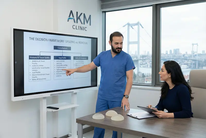 AKM Clinic consultation showing a surgeon presenting the decision framework for breast implant revision—upsizing versus removal—using a screen display and implant sizers.