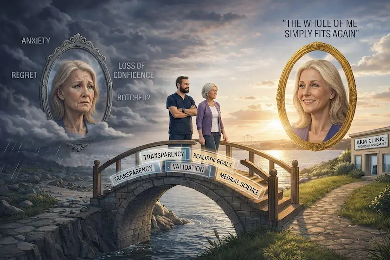 Realistic visual representing the emotional journey of revision facelift patients, moving from anxiety, regret, and loss of confidence to renewed trust through transparency, realistic goals, and medical science at AKM Clinic.