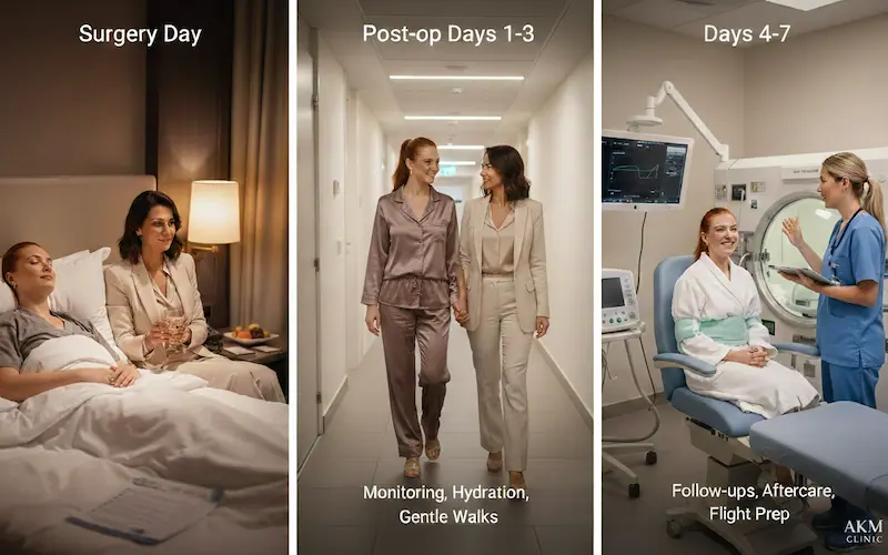 Three-panel timeline showing surgery day support, post-op days 1–3 monitoring and gentle walks, and days 4–7 follow-ups and aftercare planning with a companion.