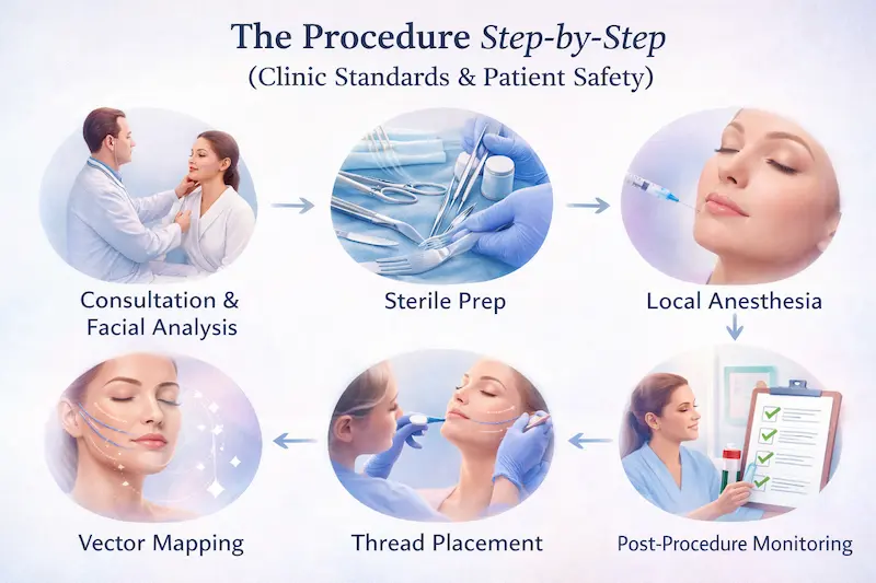 The thread lift procedure step by step infographic showing clinic standards and patient safety steps: consultation and facial analysis, sterile prep, local anesthesia, vector mapping, thread placement, and post-procedure monitoring.