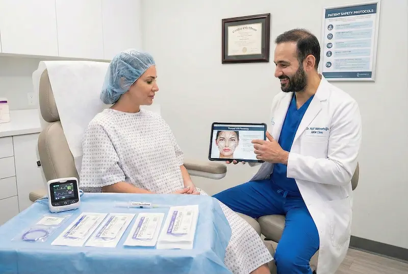 Thread lift how to choose a safe clinic in turkey image showing a doctor consultation with a patient in a clinic, reviewing a facial treatment plan on a tablet with safety protocols visible.