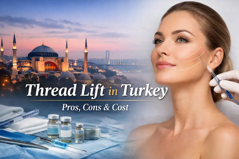 Thread Lift Turkey cover image showing Istanbul skyline and a patient receiving a facial thread lift with “Pros, Cons & Cost” text overlay.