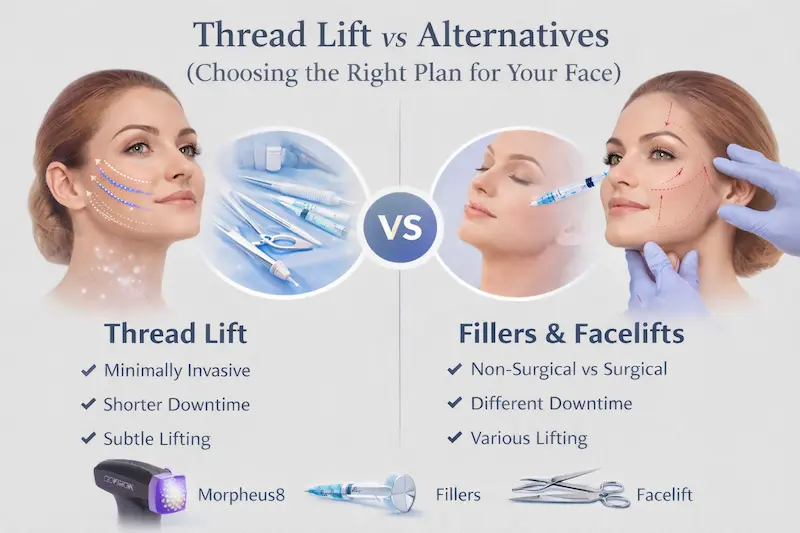 Thread lift vs alternatives comparison infographic showing thread lift versus fillers and facelifts, highlighting invasiveness, downtime, and lifting effect with a matte background.