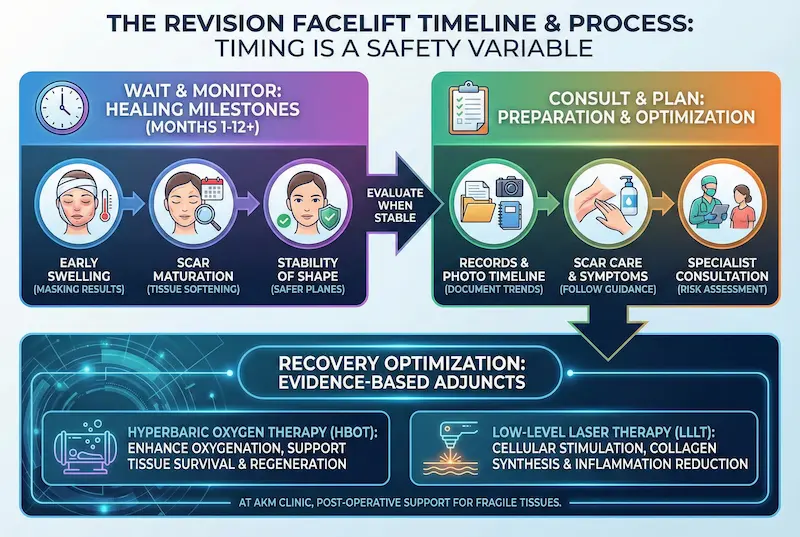 Revision facelift timeline infographic showing healing milestones, consultation and planning phase, and recovery optimization with HBOT and low-level laser therapy (LLLT).