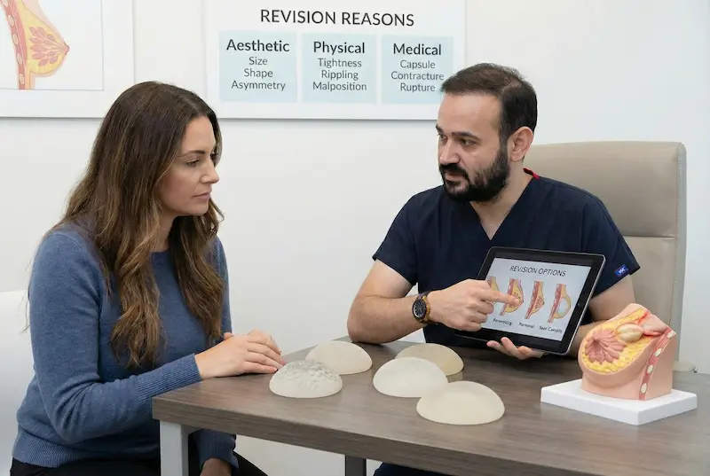 Surgeon-led consultation explaining breast implant revision reasons—size, shape, asymmetry, tightness, rippling, and capsule-related concerns—using implant samples and a tablet.