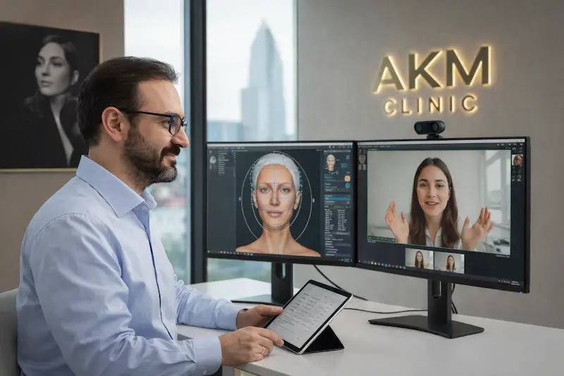 Dr. Akif at AKM Clinic reviewing facial analysis on dual monitors during an online plastic surgery consultation with a patient on video call.