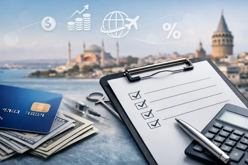 Checklist clipboard, calculator, credit card, and cash with Istanbul skyline icons, illustrating what financing means for plastic surgery in Turkey.