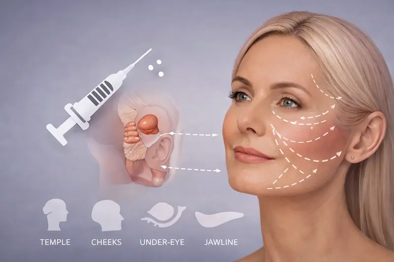 What is a liquid facelift illustration showing facial filler treatment areas (temples, cheeks, under-eye, jawline) with injection mapping.