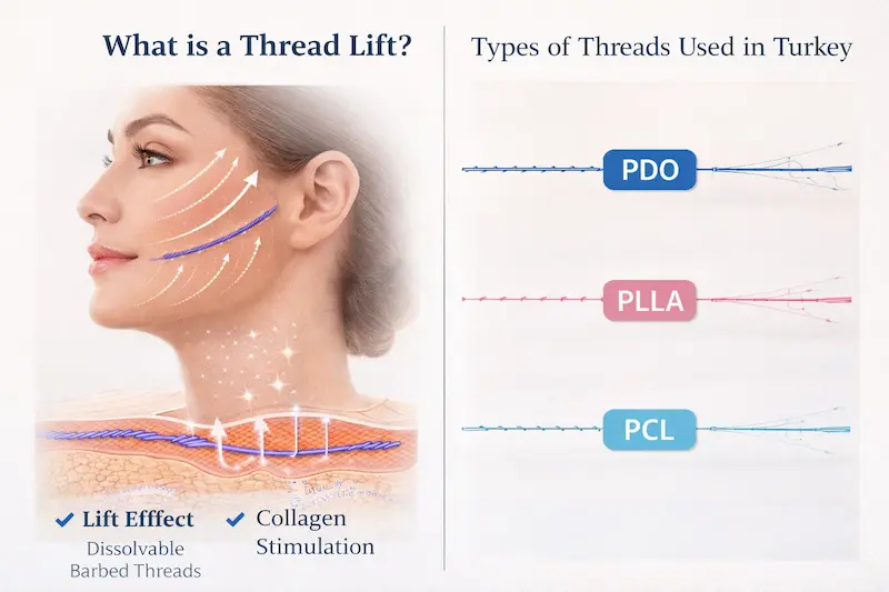What is a thread lift infographic showing how a thread lift works with lift vectors, dissolvable barbed threads, collagen stimulation, and thread types used in Turkey (PDO, PLLA, PCL).