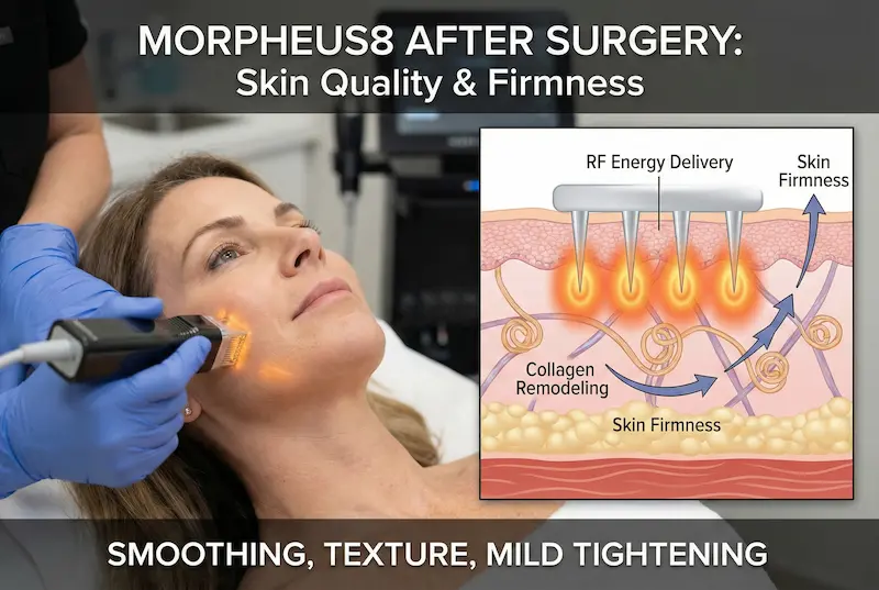 What Morpheus8 actually does after surgery: RF microneedling energy delivery to improve skin quality, firmness, smoothing, texture, and mild tightening.