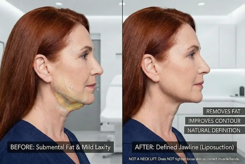 Neck liposuction before and after side profile showing reduced submental fat and improved jawline contour without a neck lift.
