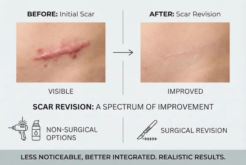 Before-and-after scar revision comparison showing visible initial scar vs improved result, plus surgical and non-surgical options overview.