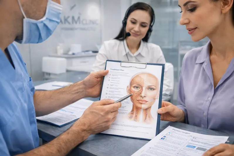 Plastic surgeon explains a treatment plan to an international patient at AKM Clinic with an English-speaking medical interpreter, supporting clear doctor-patient communication.