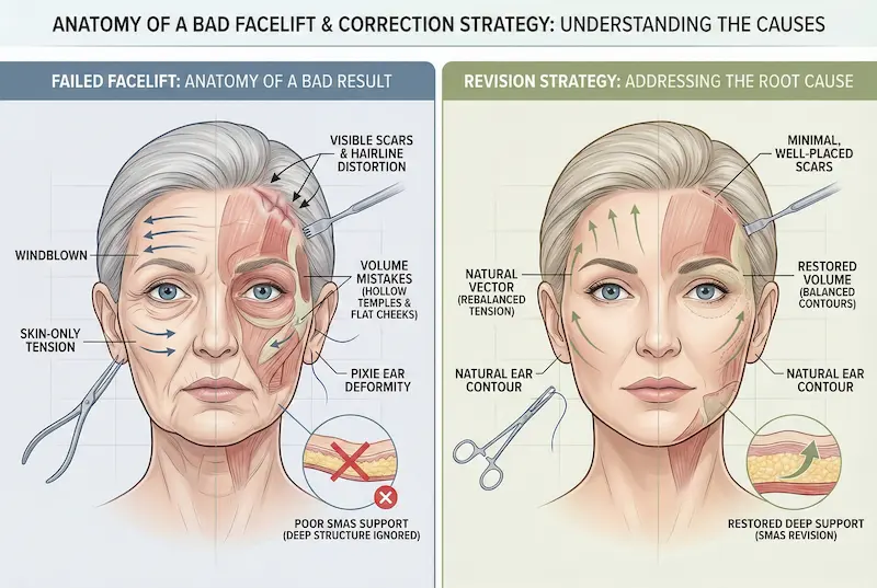 Medical illustration comparing a failed facelift (windblown look, skin-only tension, visible scars, pixie ear, poor SMAS support) with a revision strategy restoring natural vectors, volume balance, and deep support.
