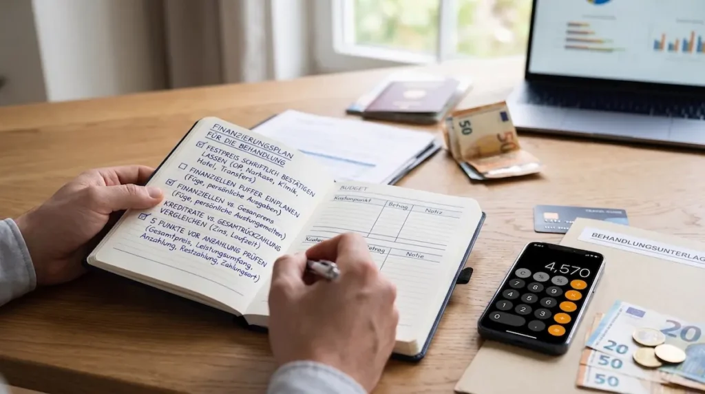 Budgetplanung zur Schönheits-OP finanzierung mit Zahlungsplan, Checkliste, Taschenrechner und eingeplanten Behandlungskosten.