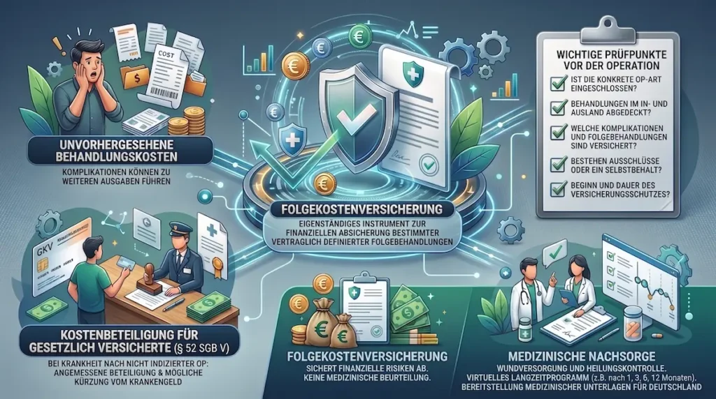 Infografik zur Schönheits-OP finanzierung mit Folgekostenversicherung, § 52 SGB V, Versicherungsprüfung und medizinischer Nachsorge.