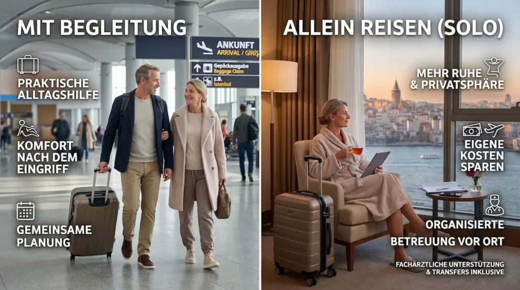 Begleitperson OP Türkei: Vergleich von gemeinsamer OP-Reise nach Istanbul und Solo-Reise mit organisierter Betreuung vor Ort.