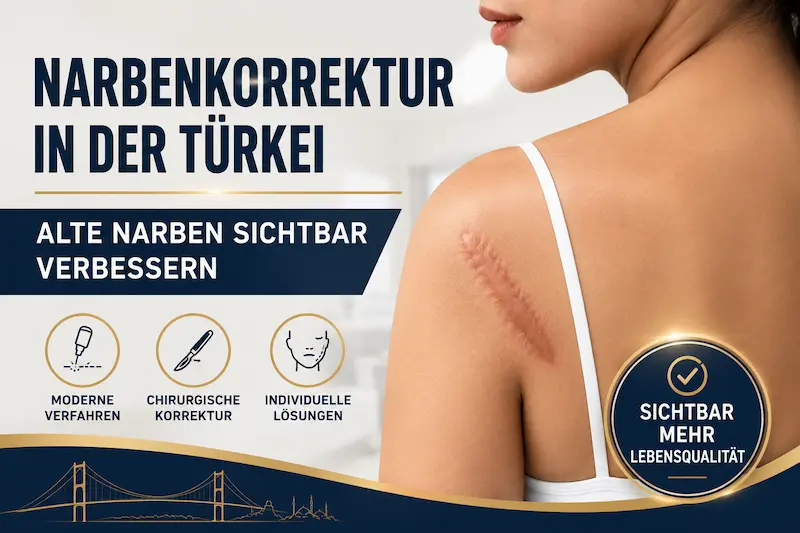 Narbenkorrektur Türkei: Frau mit sichtbarer Schulternarbe und Hinweisen zu modernen sowie chirurgischen Behandlungsverfahren.