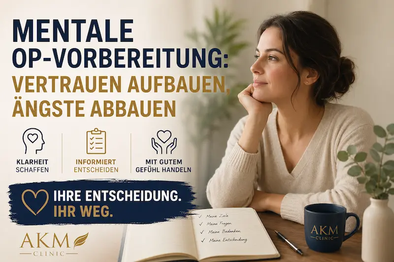 OP Vorbereitung: Ruhige Patientin ordnet Ziele, Fragen und Bedenken vor einer ästhetischen Operation.