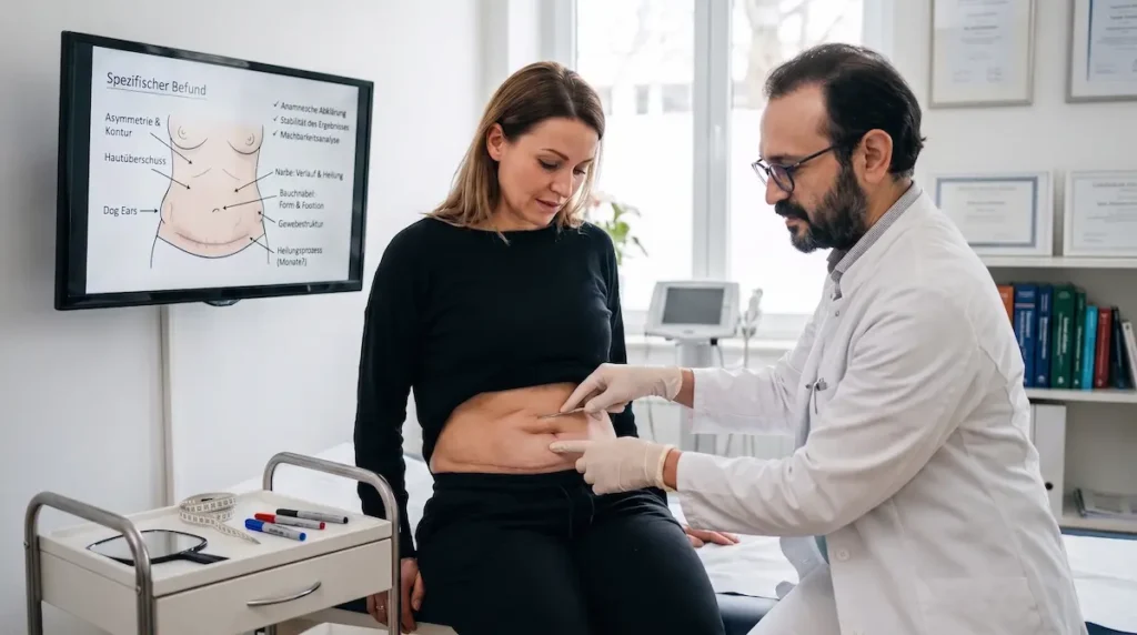 Bauchdeckenstraffung Revision: Arzt untersucht Narbe, Hautüberschuss und Asymmetrie am Unterbauch einer Patientin.