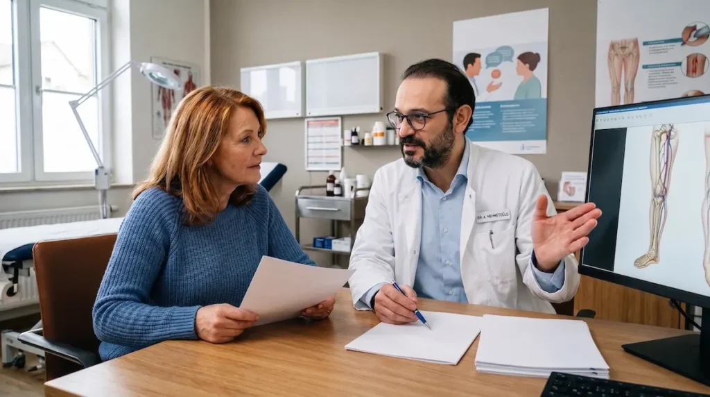 Deutschsprachige Betreuung Türkei: Arzt erklärt einer Patientin medizinische Informationen im persönlichen Aufklärungsgespräch vor der OP.