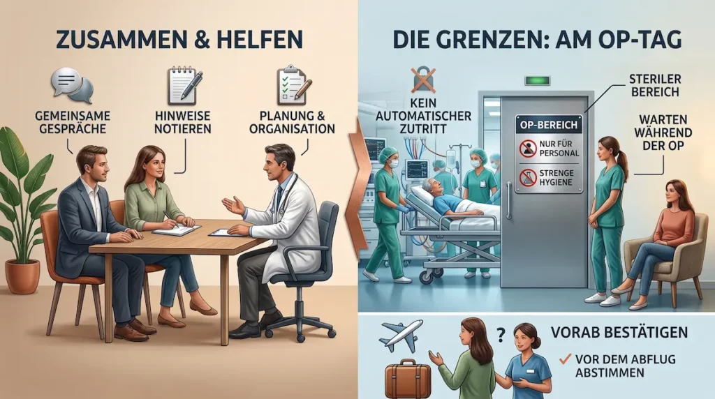 Begleitperson OP Türkei: Infografik zu Gesprächen, Klinikzugang, sterilem OP-Bereich und Regeln für Begleitpersonen am OP-Tag.