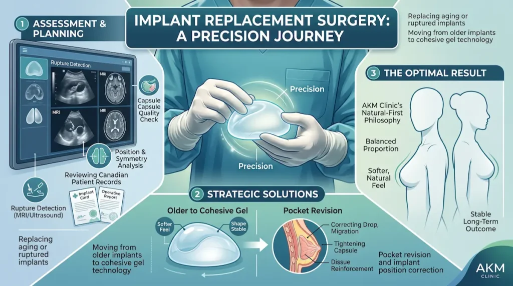 Breast implant revision Turkey infographic showing implant replacement planning, rupture detection, pocket revision, and cohesive gel implant options.