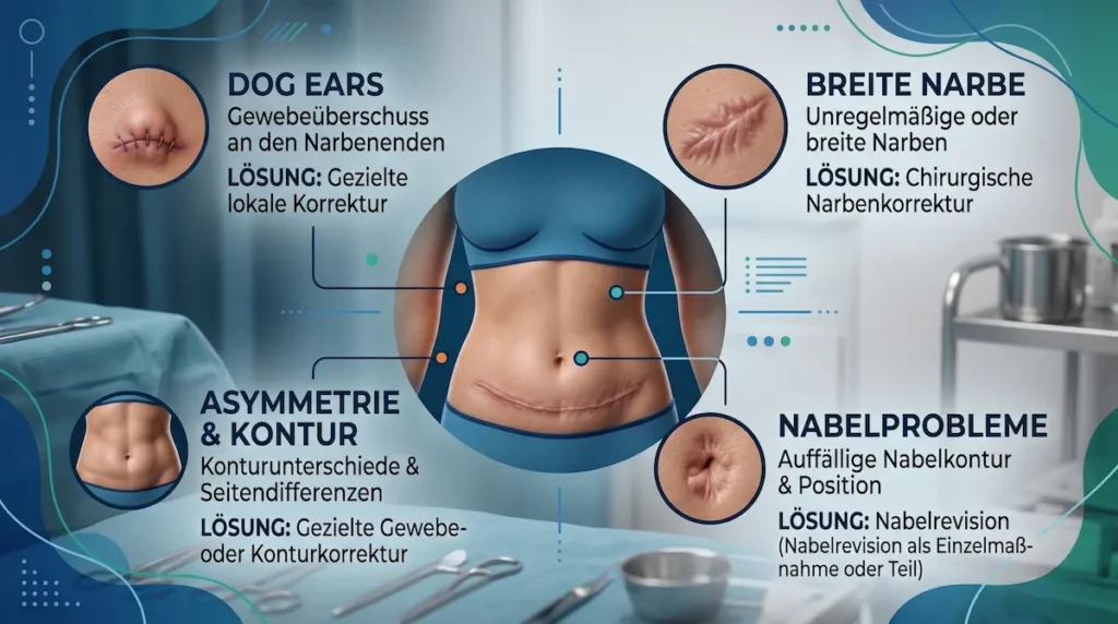 Bauchdeckenstraffung Revision mit Übersicht zu Dog Ears, breiter Narbe, Asymmetrie und Nabelproblemen am Unterbauch.