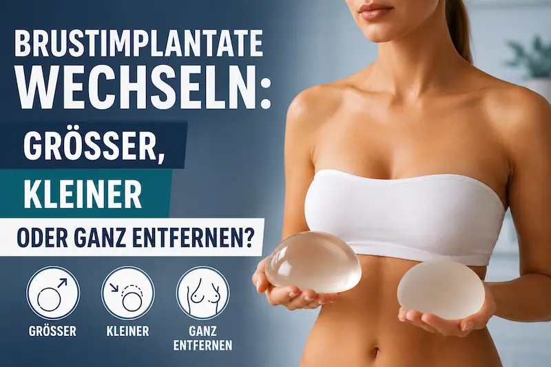 Brustimplantat Wechsel: Frau hält zwei Brustimplantate und zeigt die Optionen größer, kleiner oder ganz entfernen.