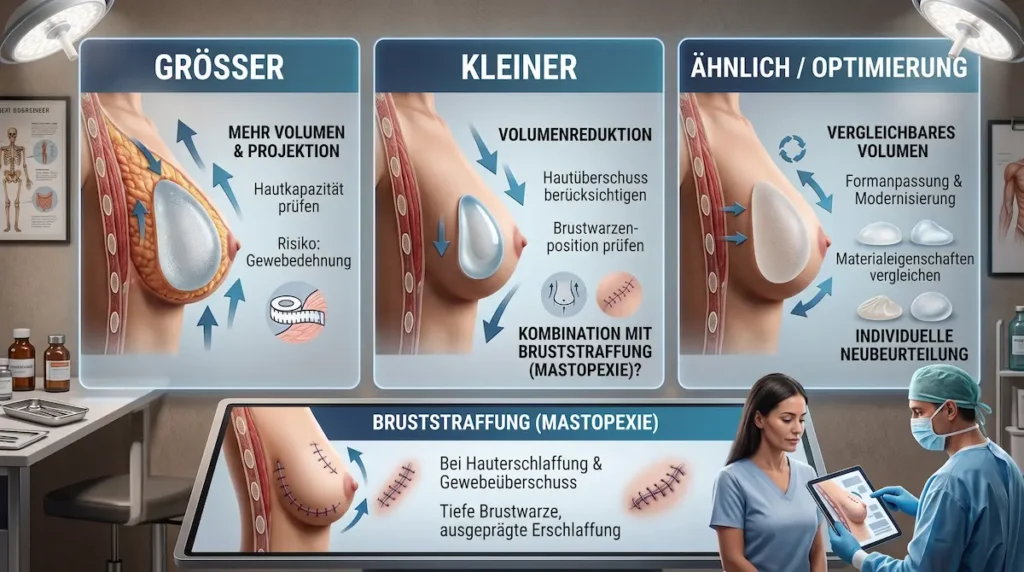 Brustimplantat Wechsel: medizinische Darstellung der Optionen für größere, kleinere oder ähnlich große Implantate mit möglicher Bruststraffung.